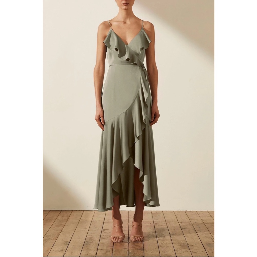 NEW Shona Joy Luxe Bias Frill Wrap Dress in Eucalyptus